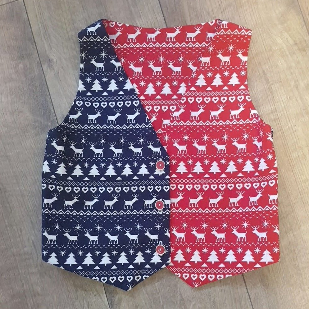 Handcrafted Blue & Red Child Reversable Christmas Waistcoat - 72cm (Age 8)