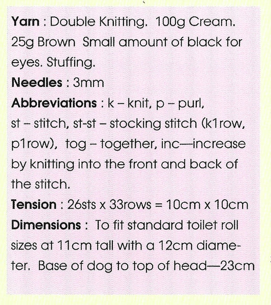 Knitting By Post 043 Novelty Bog Dog Toilet Roll Cover DK Knitting Pattern