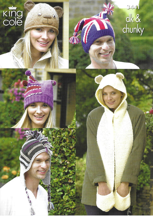 King Cole 3441 Adult's Novelty Hats Chunky & DK Knitting Pattern