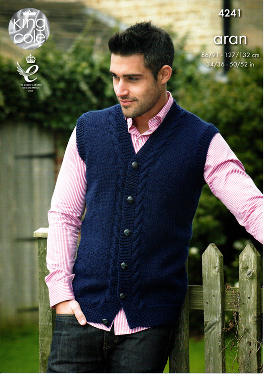 King Cole 4241 Mens Aran Waistcoat & Sweater Knitting Pattern