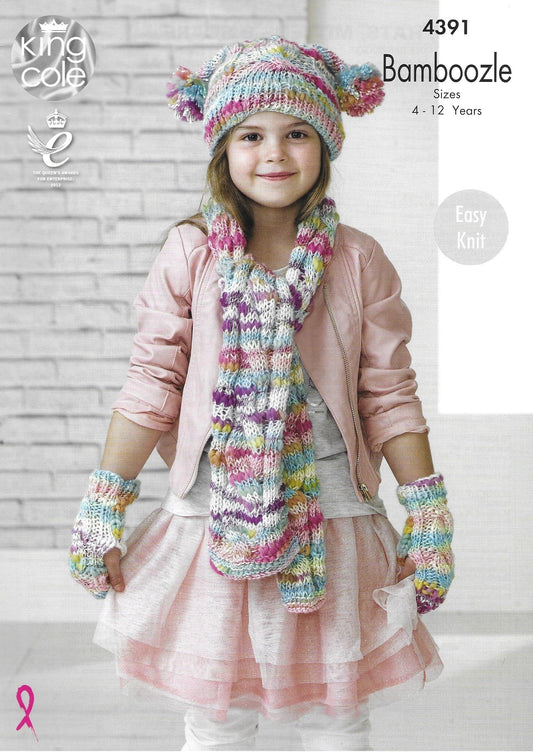 King Cole 4391 Childrens Snood, Hats, Mittens & Scarf, Easy Knit, Bamboozle Knitting Pattern