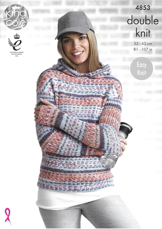 King Cole 4853 Ladies' Hoodie & Sweater, Easy Knit, DK Knitting Pattern