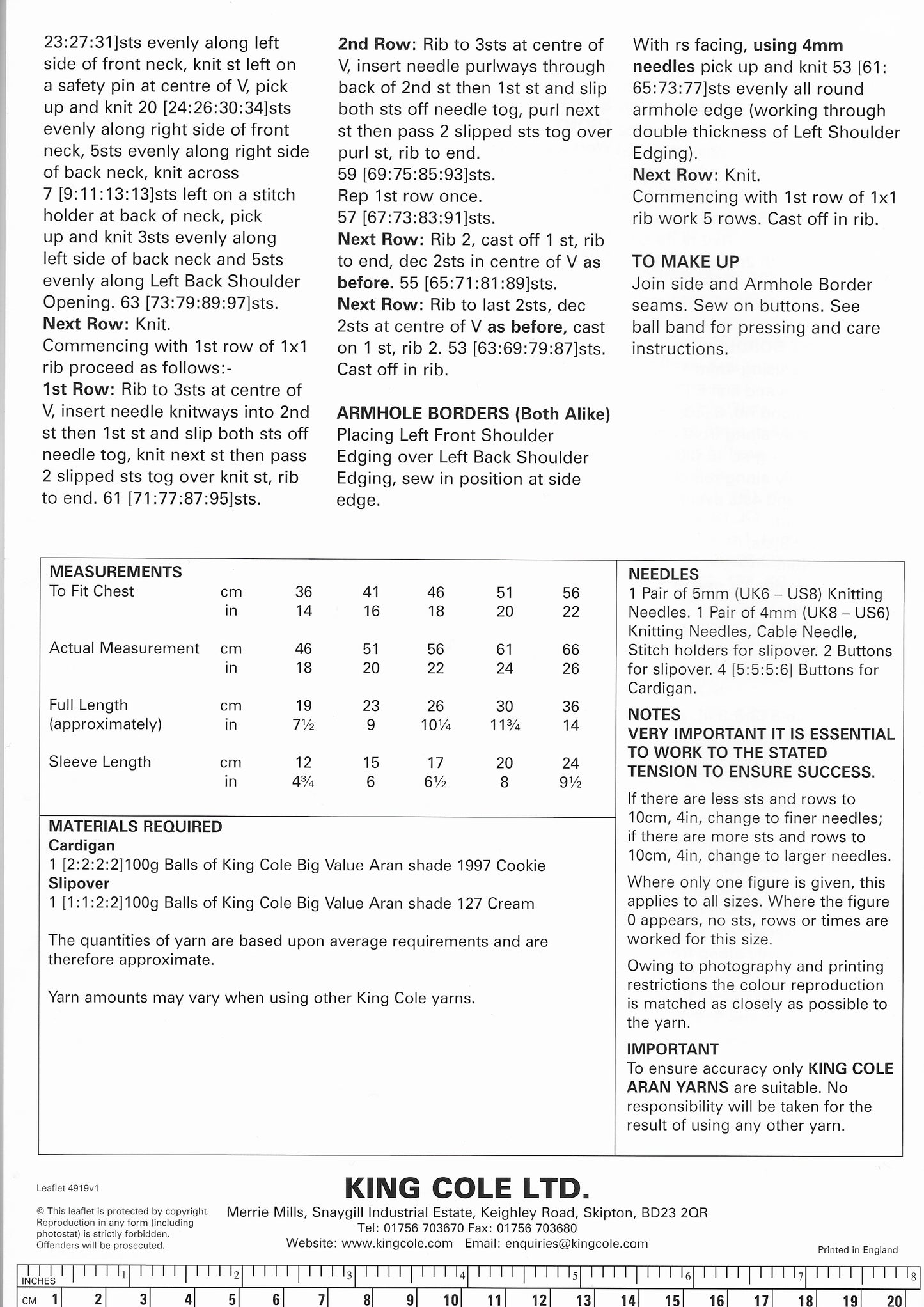King Cole 4919 Childrens Cardigan & Slipover Aran Knitting Pattern