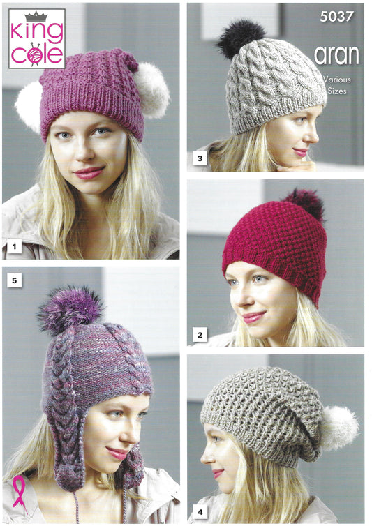 King Cole 5037 Hats, Various Sizes, Aran Knitting Pattern