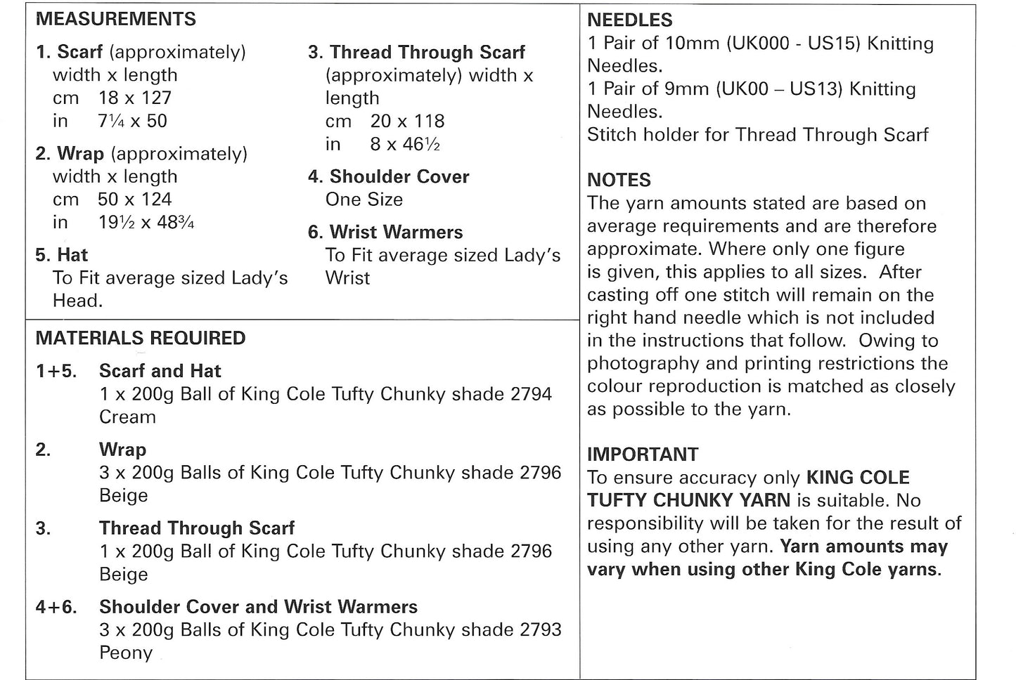 King Cole 5048 Ladies Scarf Wrap Thread Through Scarf Shoulder Cover Hat and Wrist Warmers Chunky Knitting Pattern
