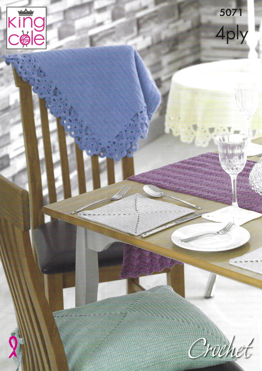 King Cole 5071 Table Mats, Coasters, Runner, Seat Pads & Table Cloths 4ply Crochet Pattern