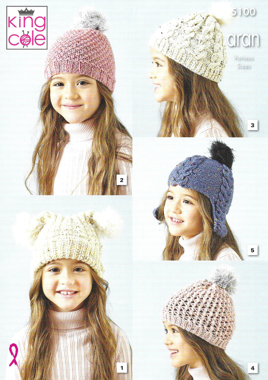 King Cole 5100 Childrens Aran Hats Knitting Pattern