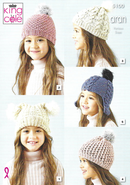 King Cole 5100 Aran Hats Knitting Pattern