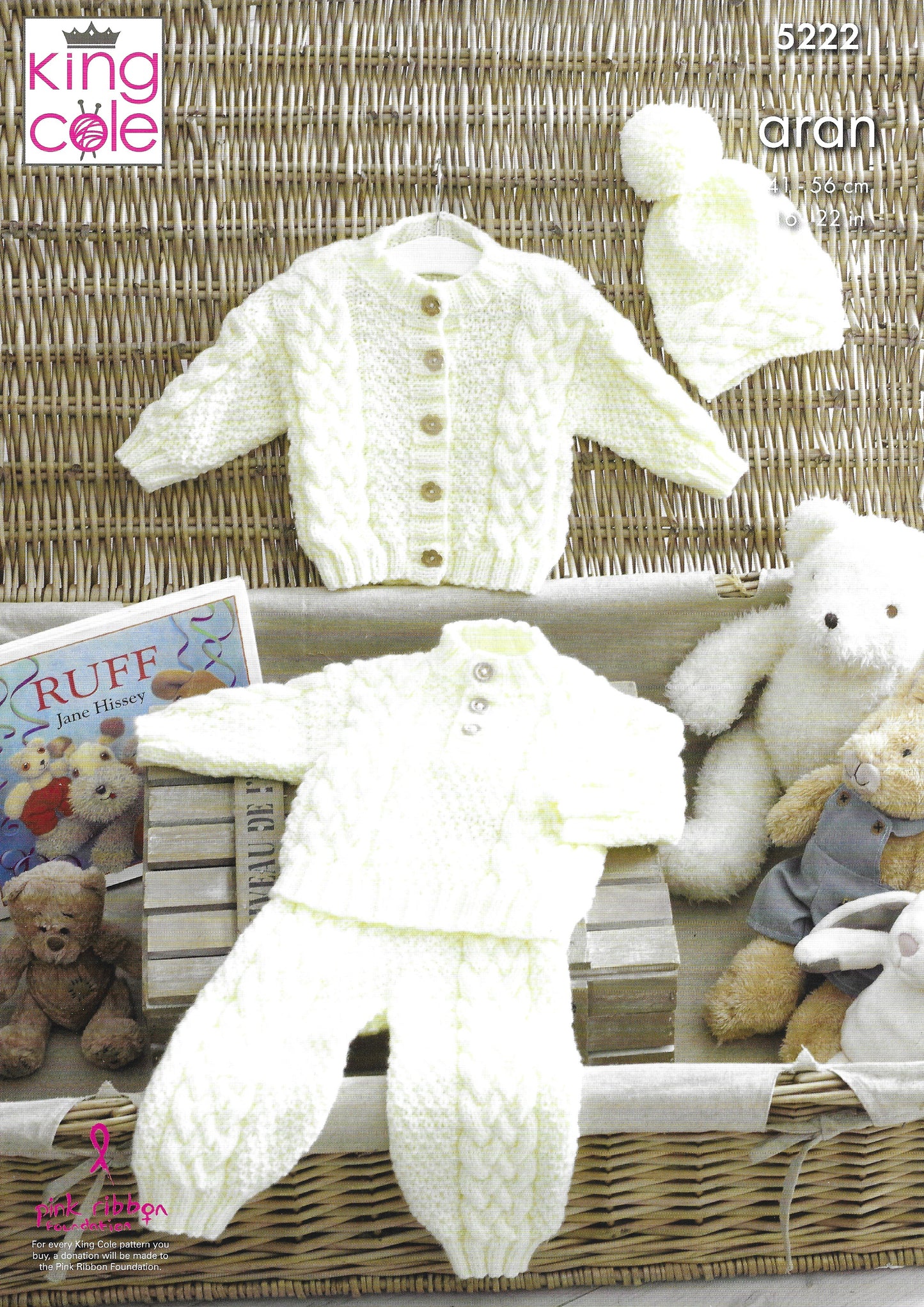 King Cole 5222 Baby Baby Sweater Cardigan Trousers & Hat Knitting Pattern Aran