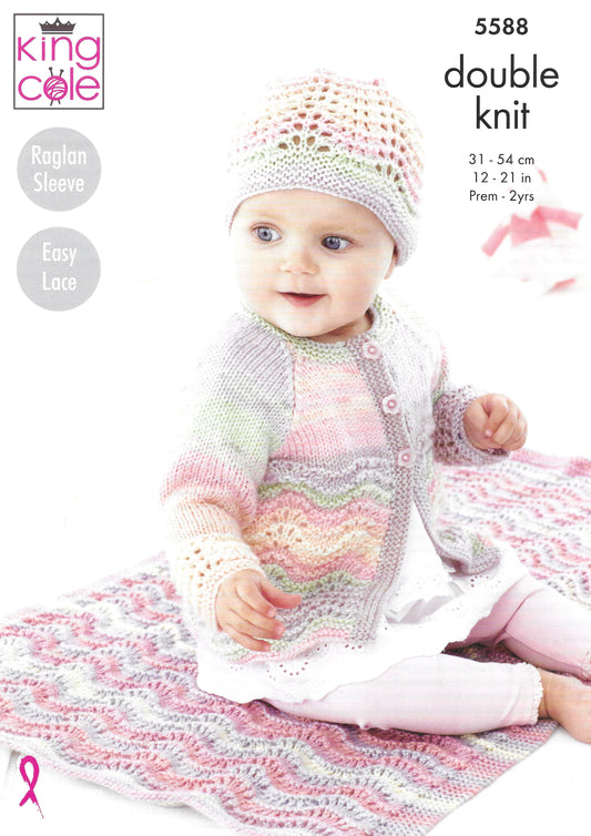 King Cole 5588 Prem to 2yrs, Blanket, Matinee Coat, Cardigan & Hat DK Knitting Pattern