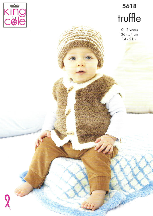 King Cole 5618 Pram Blanket Jacket Gilet and Hat 0 to 2yrs Truffle DK Knitting Pattern