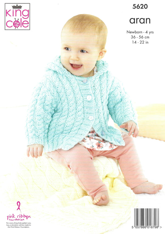 King Cole 5620 Baby Jackets Hat and Pram Blanket Aran Knitting Pattern