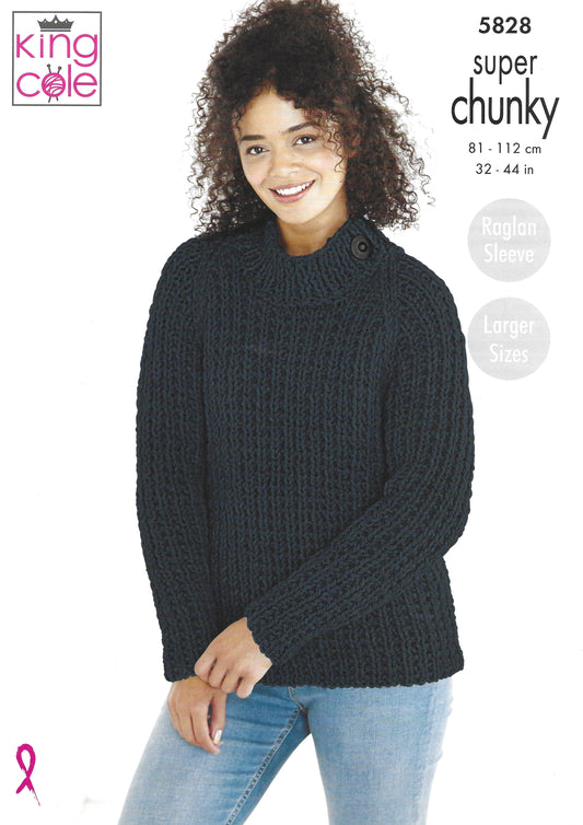 King Cole 5828 Ladies Jacket and Sweater Super Raglan Sleeve Larger Sizes Super Chunky Knitting Pattern