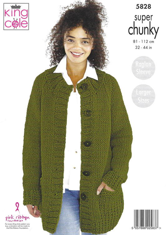 King Cole 5828 Ladies Jacket and Sweater Super Raglan Sleeve Larger Sizes Super Chunky Knitting Pattern