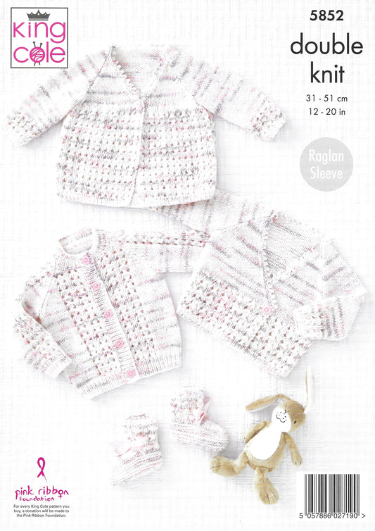 King Cole 5852 Baby Matinee Coat Cardigans and Bootees Raglan Sleeve DK