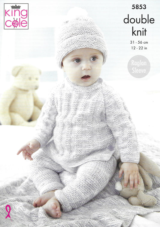 King Cole 5853 Jacket, Sweater, Leggings, Hat & Blanket, Raglan Sleeve, Double Knit