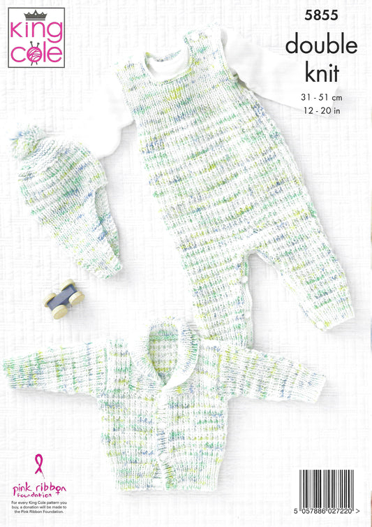 King Cole 5855 Baby Dungarees Jacket and Hat Double Knitting Pattern