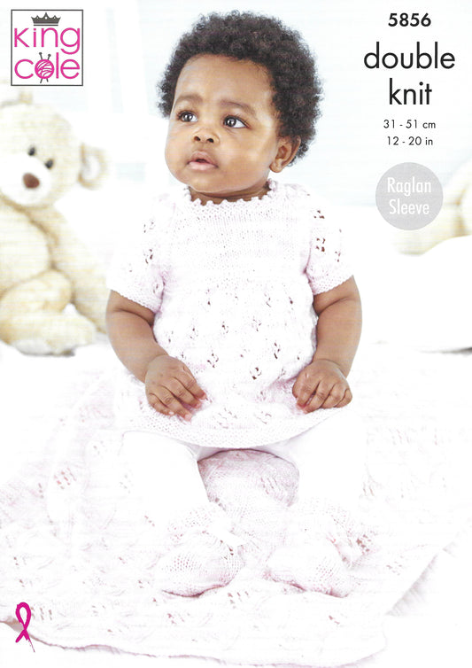 King Cole 5856 Baby Dress Cardigan Blanket and Bootees Raglan Sleeve Double Knitting Pattern
