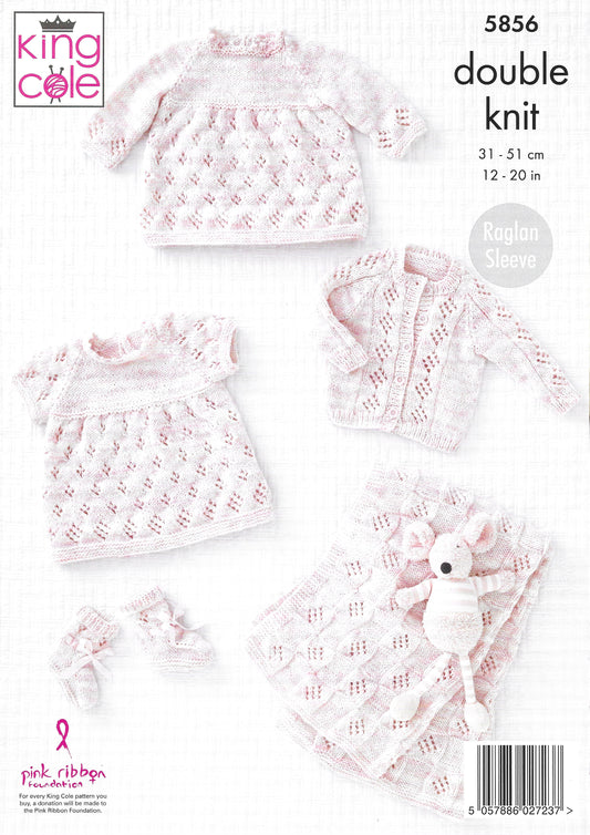 King Cole 5856 Baby Dress Cardigan Blanket and Bootees Raglan Sleeve Double Knitting Pattern