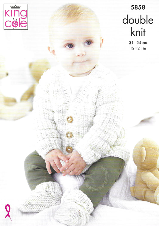 King Cole 5858 Baby Cardigan Waistcoat Sweater Tank Top and Bootees DK Pattern