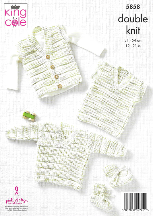 King Cole 5858 Baby Cardigan Waistcoat Sweater Tank Top and Bootees DK Pattern