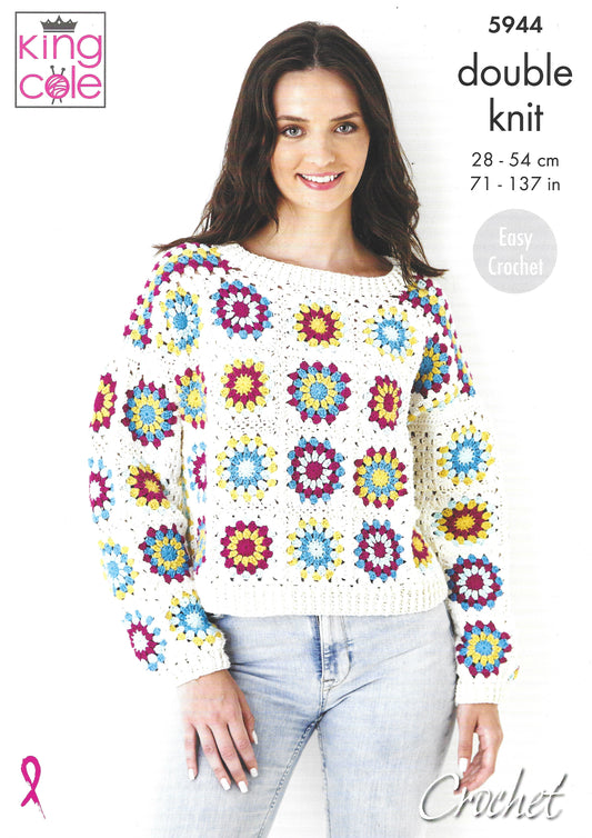 King Cole 5944 Jumper and Alternative Capped Sleeve Top, Easy Crochet, Crochet Pattern