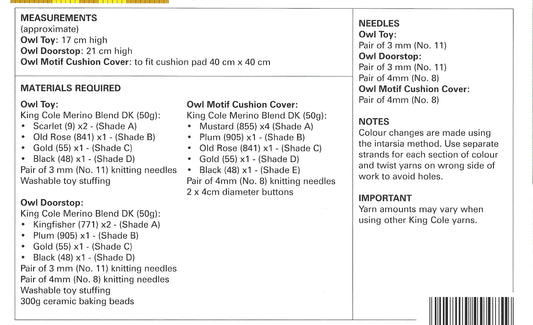King Cole 9016 Soft furnishings Owl Collection DK Knitting Pattern
