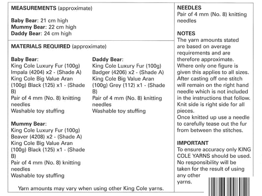 King Cole 9120 Novelty Luxury Fur Bears Luxury Fur Knitting Pattern