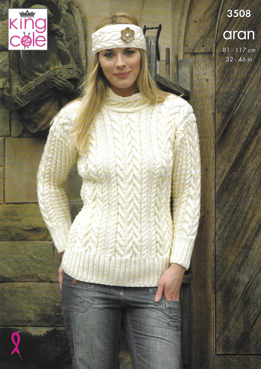 King Cole 3508 Adult Sweater, Cardigan And Headband Aran Knitting Pattern