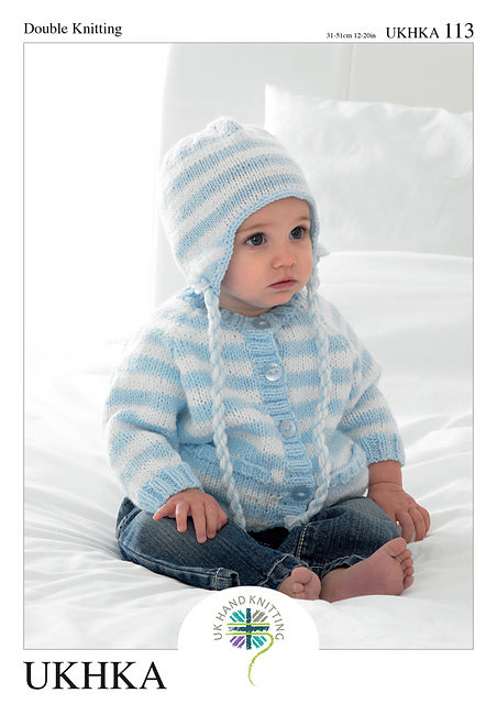 UKHKA 113 Baby Cardigan Helmet and Scarf DK Knitting Pattern