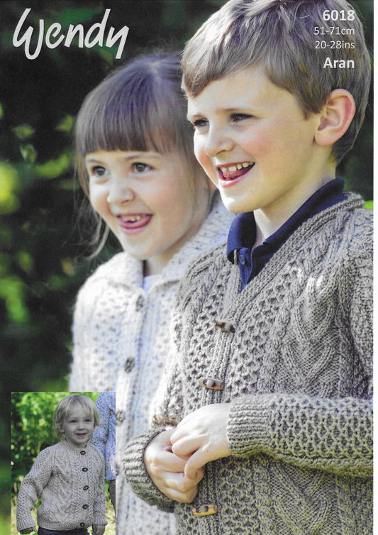 Wendy 6018 Children's Round Neck, V-Neck & Collared Cardigan Aran Knitting Pattern