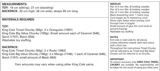 King Cole 9057 Novelty Orangutan Toy and Backpack Chunky Wool Knitting Kit